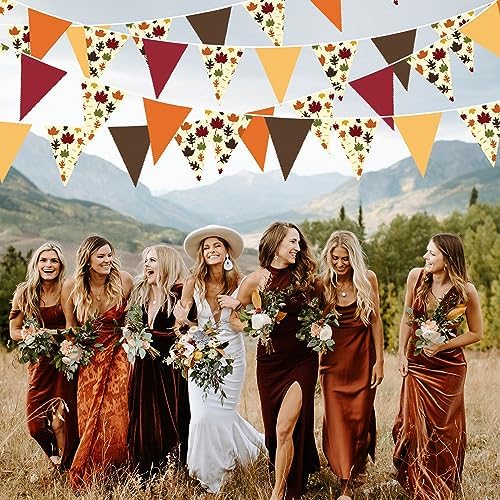 31Ft Fall Party Decorations Orange Brown Fall Maple Leaves Banner Fabric Triangle Flag Pennant Garland Streamers for Happy Fall Thanksgiving Day Harvest Autumn Birthday Outdoor Garden Hanging Decor