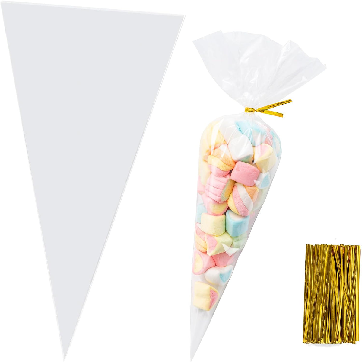 120 Pcs 6.3x11”Triangle Cello Cellophane Treat Bags with 140 Twist Ties