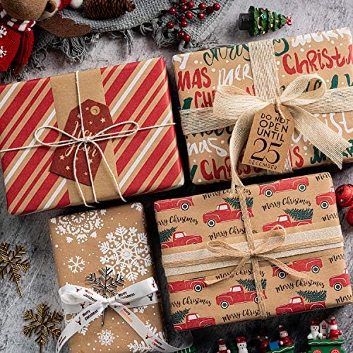 RUSPEPA Wrapping Paper, Kraft Paper - Snowflakes, Car and Christmas Tree, Stripes and Merry Christmas - 4 Rolls - 30 inches x 10 feet per Roll