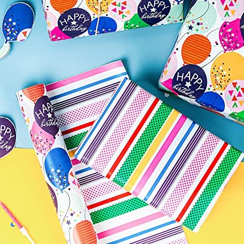 WRAPAHOLIC 30 Inch Reversible Birthday Wrapping Paper - 30 Inch x 33 Feet - Colorful Balloon with Confetti Design for Birthday, Baby Shower