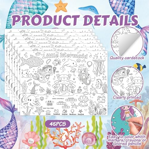 45pcs Mermaid Disposable Coloring Placemats Magical Mermaid Crafts for Kids Party Favors Coloring Poster Princess Birthday Party Supplies Classroom Activities Paper Table Mats