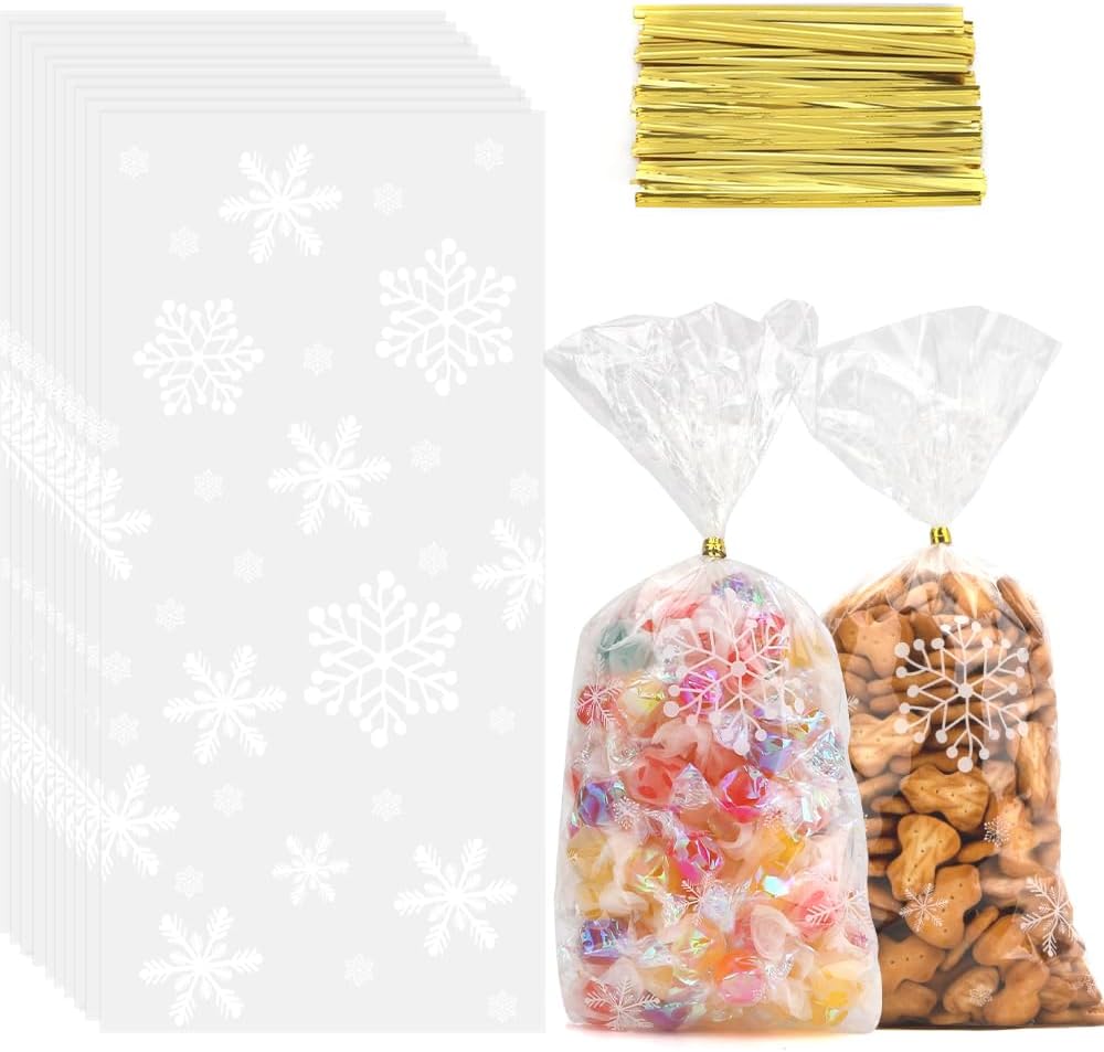 Snowflake Christmas Treat Bags, 200PCS Winter Cellophane Bags, Plastic Xmas Clear Frozen Cookie Candy Snack Goodie Gift Bag with Twist Ties for Christmas Winter Holiday Party Favors Supplies