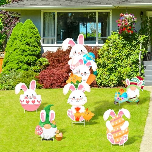 Easter Decorations Outdoor 6 Pcs Easter Yard Signs Bunny Eggs Yard Sign with Stakes for Lawn Egg Hunt Spring Rabbit Garden Decorations Party Supplies Waterproof