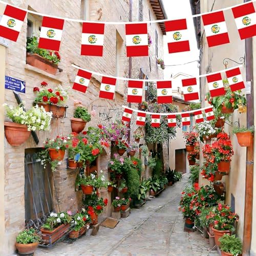 AhfuLife 30 Pcs Peru String Flags for Independence Day Decorations, Small Peruvian Flag Bunting Banner - Double Sided for National Day Festival Party Decorations (5.5×8.3 Inch-33 Ft)