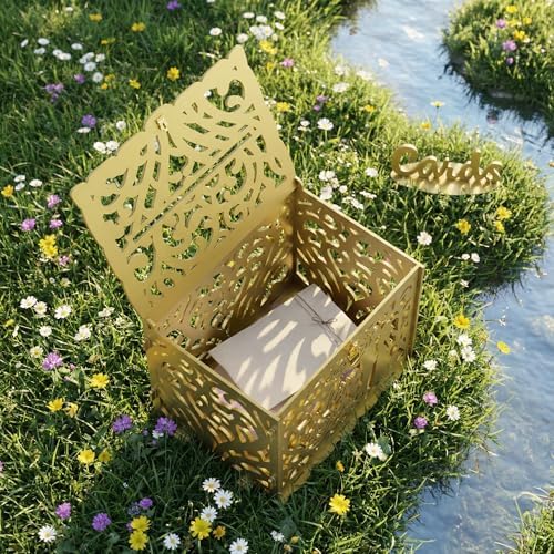 Jolik Rustic Wedding Card Box with Sign, Locking Gift Collection Money Holder for Wedding Reception & Party Decor, Gift Card & Envelope Storage, Anniversary & Birthday Party Decoration (Gold)
