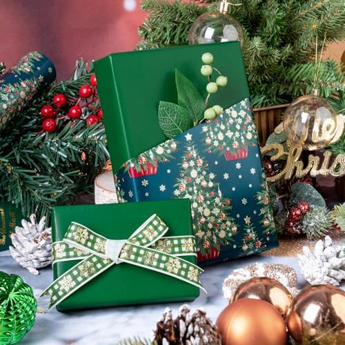 WRAPAHOLIC Reversible Green Christmas Wrapping Paper - Mini Roll - 17 Inch x 33 Feet - Green Christmas Tree Wrapping Paper for Holiday, Party Celebration