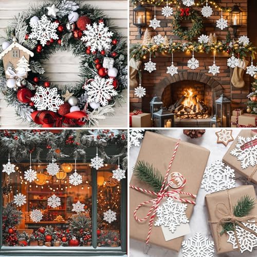 White Snowflake Wood Ornaments Christmas Snowflakes Wooden Cutouts 3 Inches