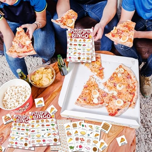 Pizza Bingo Games for Partys, 24 Players Pizza Party Time Bingo Cards, Fun Birthday Party Game for Family, Large Group Holiday Party Activities Supplies