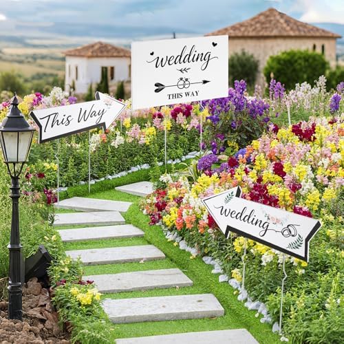 9 PCS Wedding This Way Sign Kit,Double Sided Wedding Direction Arrow & Parking signs with Metal Stakes, Wedding Signs for Ceremony,Reception, and Parking Area Outdoor Yard Lawn