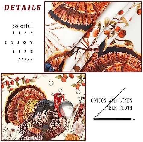 Fall Thanksgiving Double Border Decoration Tablecloth, Turkey & Pumpkin Harvest Tablecloths, Waterproof Table Cover for Dinner Kitchen Party Holiday Decorations Oval 60 x 102 Inch