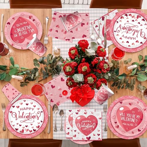 Valentines Day Plates and Napkins Sets,144pcs Valentines Party Decor Tableware Include Plates Napkins Cups Forks Knives for Valentine Party Supplies,Serves 24