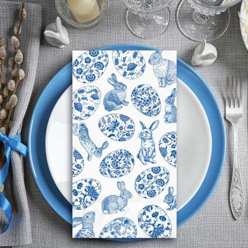 Whaline 40 Pcs Easter Guest Napkins Paper Napkins Blue White Chinoiserie Bunny Rabbit Egg Floral Disposable Bathroom Hand Towels for Spring Bridal Baby Shower Party Dinner Table Supplies