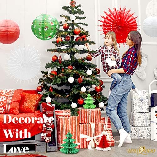 UNIQOOO 14PCS Assorted 3D Christmas Honeycomb Paper Lantern Decoration Garland Set,Celling Hanging Tissue Pine Tree Star, Santa Hat,Snowflake Fan,Japanese Lanterns for Holiday XMAS Party Banner Supply