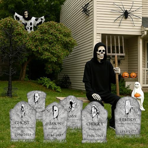 Halloween Decorations Outdoor Graveyard Tombstones: 6ct Large Tombstone Halloween Decor Yard Signs with Stake, 17" Tall Scary Gravestones with Half Killer Face, Waterproof Lawn Decor Outside, Not Foam