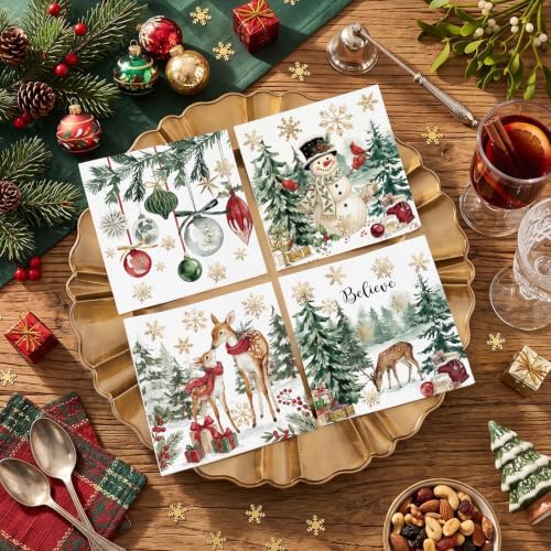 Fulmoon 200 Pcs Christmas Cocktail Paper Napkins Disposable Vivid 4 Style