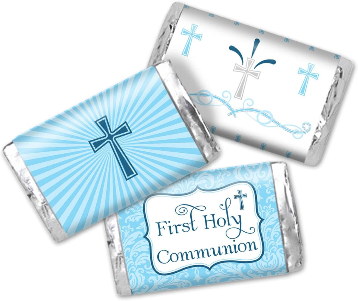 First Holy Communion Mini Chocolate Candy Bar Sticker Wrappers for Boys, 45 1.4" x 2.6" Wrap Around Labels by AmandaCreation, Great for Party Favors