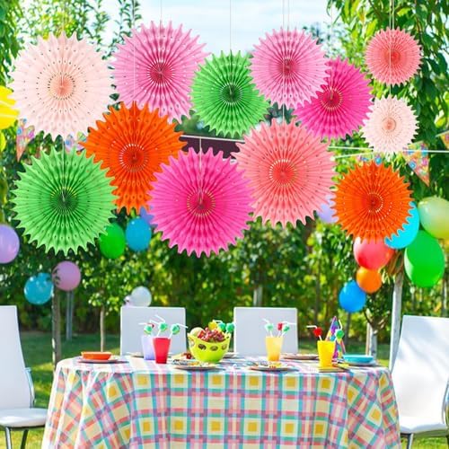 BestoFun 12 PCS Paper Fans Red Green Pink Party Decorations Tissue Paper Flowers Decorations for Girl Groovy Birthday Baby Shower Wedding Bachelorette Room Wall Hanging Décor