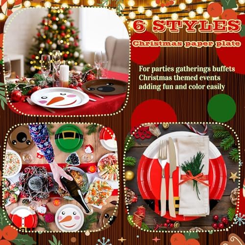 Fourluoo 96 Pcs Christmas Cartoon Paper Plates 7 Inch Disposable Santa Snowman Christmas Dinner Plates for Xmas Birthday Holiday Party Supplies Table Decor