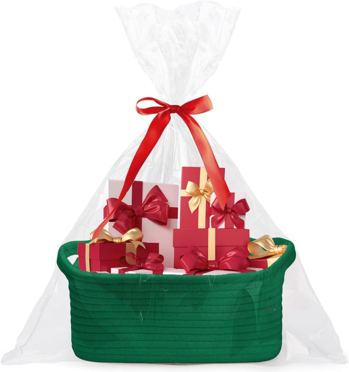 Poschnor Gift Basket with Gift Bags and Ribbons, Small Woven Rope Toy Storage Basket for Baby and Pet, 12"X 8" X 5", Green