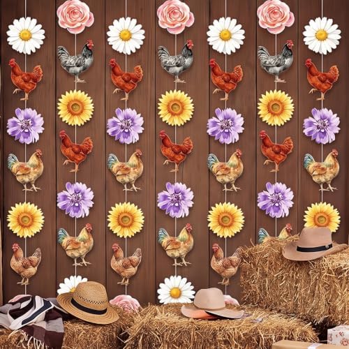 Xinnun 8 Pcs Chicken and Daisy Birthday Decorations Floral Hen Garlands