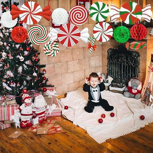 15pcs Candyland Christmas Party Decorations – Paper Fans, Honeycomb, Swirls for Peppermint, Indoor Ceiling, Wall Holiday Decor