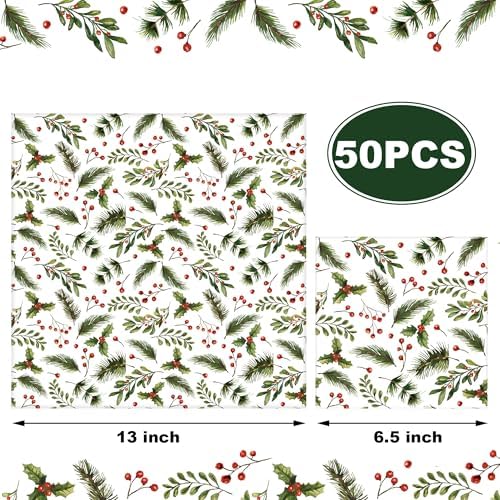 50 PCS Christmas Luncheon Napkins Xmas Berries and Pine Disposable Napkins 3-Ply Holly Berry Greenery Paper Napkins for Christmas Home Kitchen Holiday party Supplies