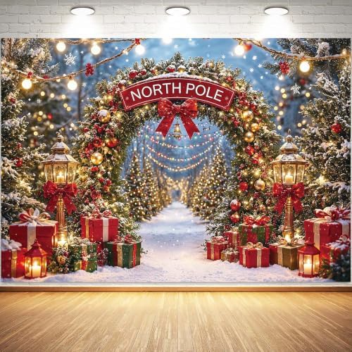 Christmas North Pole Photography Backdrop,Winter Aurora Borealis Snowy Forest Scene Background with Street Lamps,Xmas Party Decor Photo Booth Props(8x6ft)