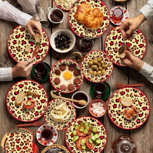 100 Pieces Leopard Print Party Tableware Set – Red Cheetah Animal Print Plates, Napkins and Forks, Disposable Dinnerware for Girls Birthday, Safari and Wild One Party Supplies