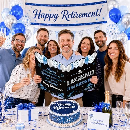 WNINK Black Blue Retirement Card for Men Women, Jumbo Happy Retirement Guest Book Card with Envelope, Large Farewell Signing Card, The Legend Has Retired Party Decorations Gift