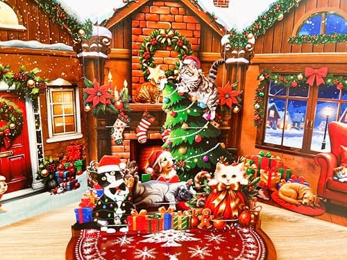 Cat Christmas Cards, Fireplace Pop Up Christmas Card, Xmas 3D Greeting Holiday Card for Cat Lovers, Happy Funny Fireplace Holiday Cards for Kids Mom Mother Women Wife Friends