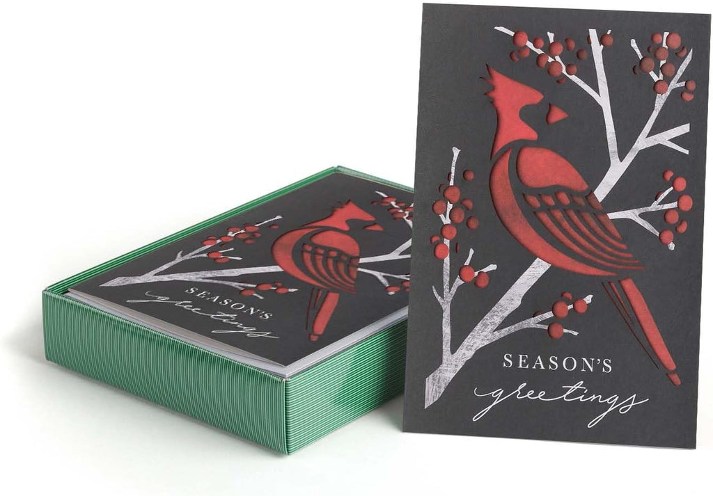 Masterpiece Striking Cardinal Holiday Cards / 10 Boxed Laser Cut Red Christmas Bird Cards With Coordinating Envelopes / 5" x 7" Folded Winter Seasonal Greeting Card Pack With Inside Verse