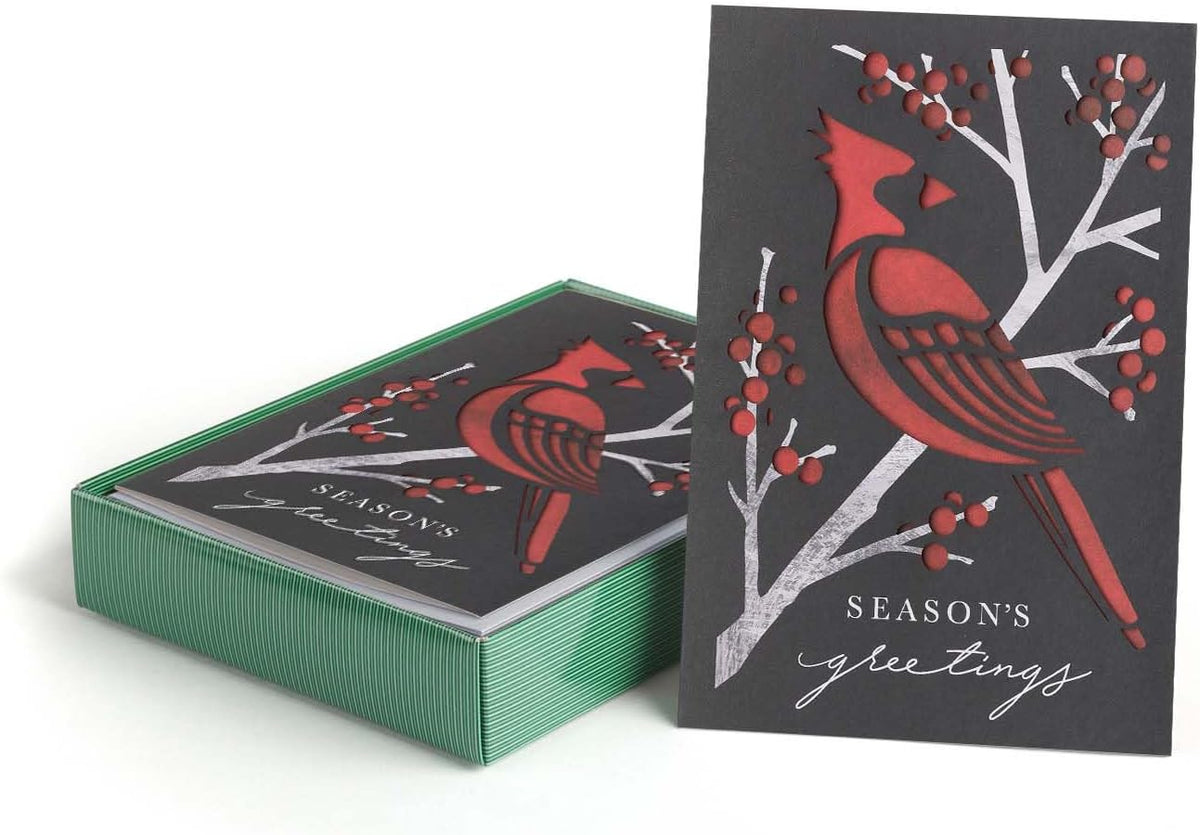 Masterpiece Striking Cardinal Holiday Cards / 10 Boxed Laser Cut Red Christmas Bird Cards With Coordinating Envelopes / 5" x 7" Folded Winter Seasonal Greeting Card Pack With Inside Verse