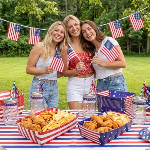 50 Pcs Patriotic Party Snack Trays, Disposable American Flag Paper Serving Boats, Red White and Blue Food Trays for July 4th, Memorial Day & USA Themed Events – 2 Designs