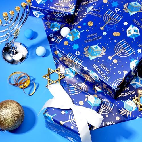 LaRibbons Hanukkah Wrapping Paper, Foil Menorah Dreidel Print