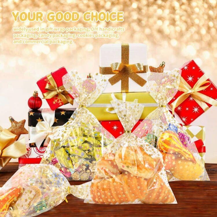 COQOFA 11" X 14" Cello Cellophane Treat, Party Favor, Candy, Cookie and Goodie Plastic Storage Bags for Bakery, Birthday, Wedding, Party - 50 pcs Gold