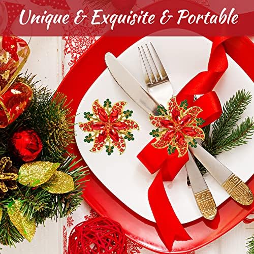Legigo Set of 8 Christmas Flower Napkin Rings Set for Dinning Table Setting- Red Rhinestone Xmas Winter Napkin Ring Holders for Cloth Napkins, Christmas Holiday Party Dinner Table Decoration