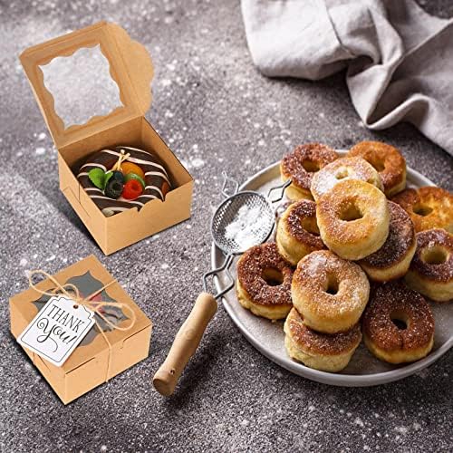 KPOSIYA 20pcs Small Cookie Boxes with Window, 4x4x2.5 Brown Bakery Box
