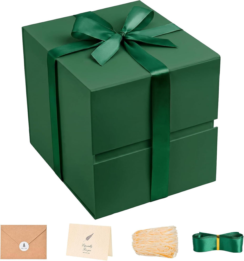 LIFELUM Dark Green Gift Box for Christmas with Magnetic Lid, 8.6"x8.6"x8.6"