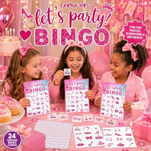 Pink Glitter Bingo Cards, 24 Player Party Game for Teens and Adults