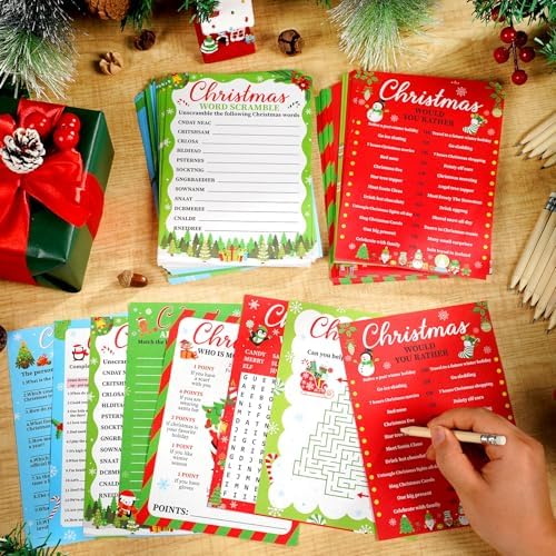 gisgfim 231Pcs Christmas Party Games Cards Xmas Tree Santa Claus Trivia Word Search Scramble Maze Games Winter Christmas Party Supplies for School Classroom Family Activity Holiday Favor