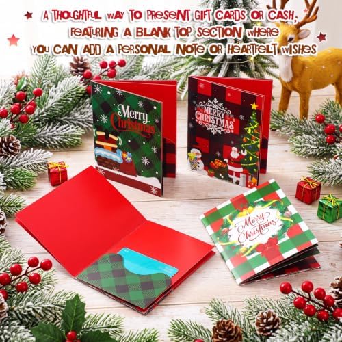 AmazingSpark 4 Set Christmas Gift Card Booklet Cardboard Merry Christmas Money Holder Book Buffalo Plaid Xmas Surprise Gift Card Money Sleeve Book Holiday Vintage Party Favors for Adult Women Cash