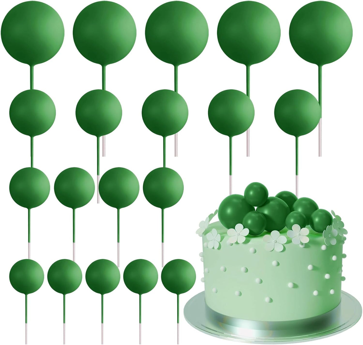 ASTARON 20 Pcs Dark Green Balls Cake Topper Decorations for Birthday Cake