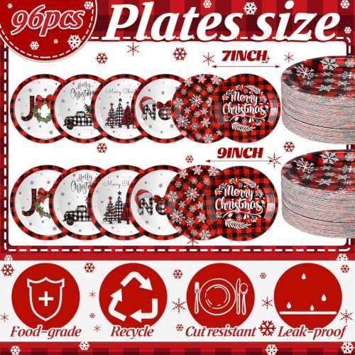 Fourluoo 96 Pcs Red Buffalo Plaid Christmas Paper Plates Disposable Dinner Plates for Xmas Birthday Party Table Decor