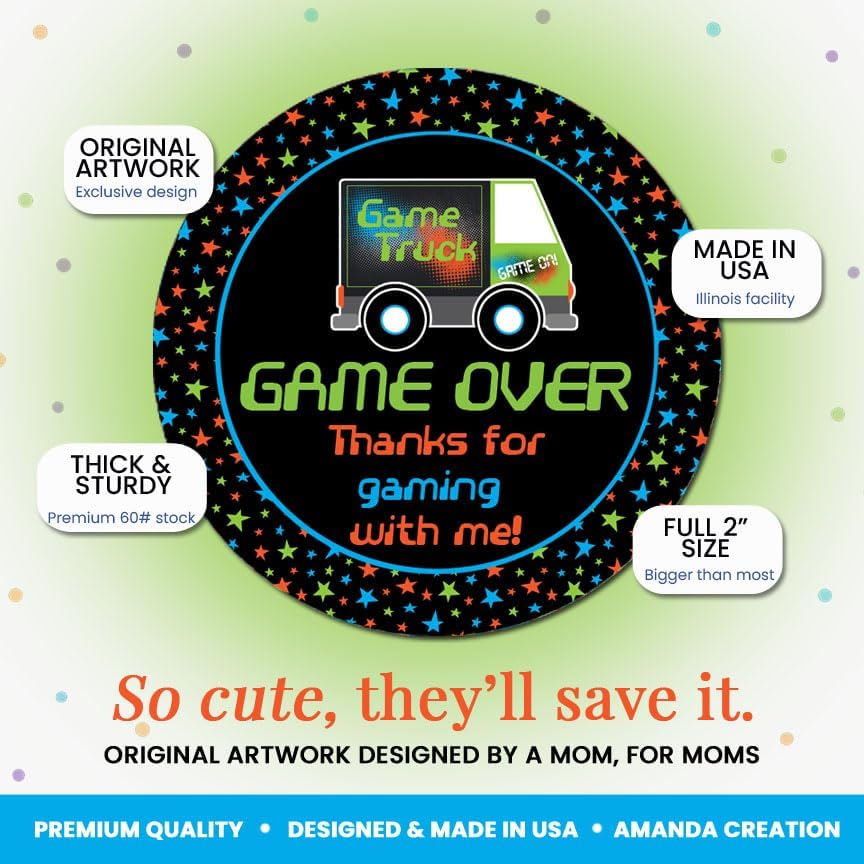 Video Game Truck Party Stickers, 40 Pack 2-Inch Gamer Birthday Labels for Favors, Goodie Bags & Envelope Seals, Made in USA by Amanda Creation