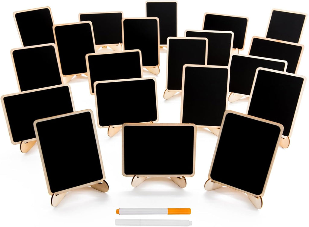DSTELIN 20 Pack Wood Mini Chalkboards Signs with Support Easels, Place Cards, Small Rectangle Chalkboards Blackboard for Weddings, Birthday Parties, Message Board Signs and Event Decorations