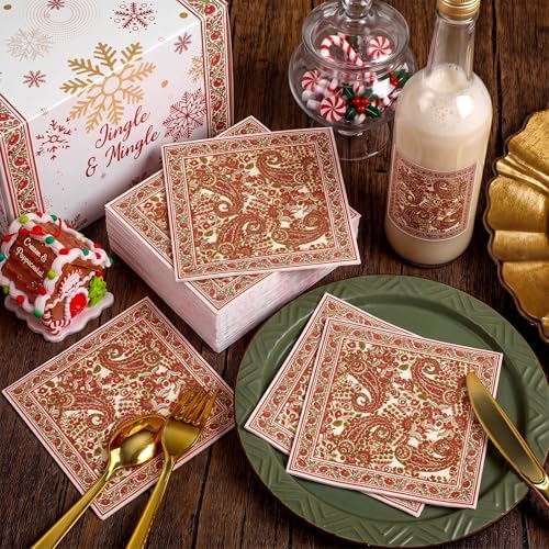 Chiisong 100 Pcs Paisley Pattern Christmas Cheers Cocktail Napkins Party