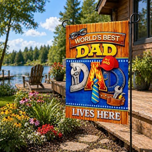 Fathers Day Decorations - WORLD'S BEST DAD Garden Flag | Dad Gifts for Fathers Day | Double Sided Father's Day Garden Banners for Outdoor Outside Patio Lawn Home Patry Decor