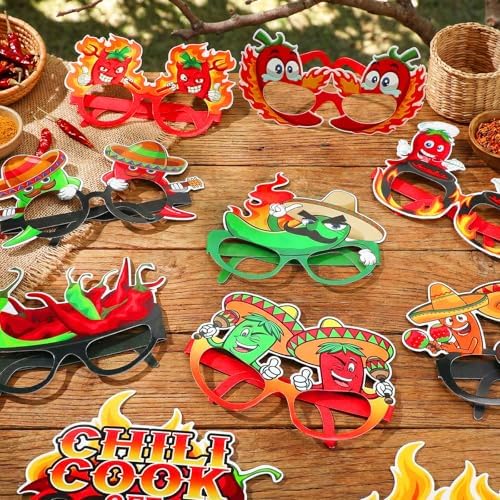 36 Pcs Chili Cook Off Party Decorations - Mexican Fiesta Photo Booth Props, Spicy Pepper Theme Glasses for BBQ Festival, Cinco de Mayo, Taco Night Decorations