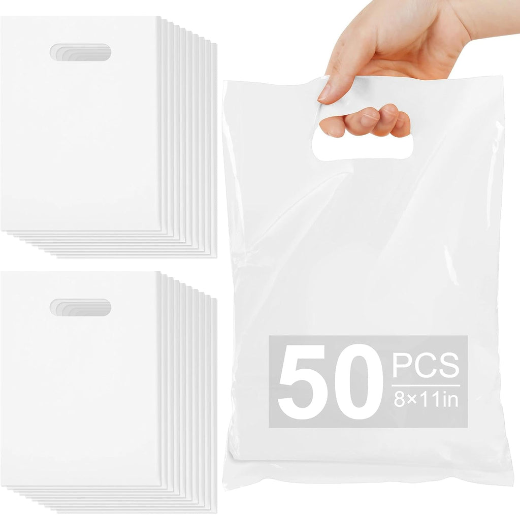 VieFantaisie 50 PCS White Party Favor Bags, 8" x 11" Goodie Bags for Candy Treat Craft Easter Egg, Plastic Gift Bag with Die Cut Handles for Birthday Party, School Events & Small Business, Wedding