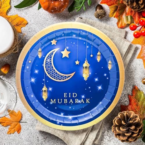 50Pcs Ramadan Eid Mubarak Party Supplies Bluk Ramadan Eid Mubarak Plates Set 9"Ramadan Dinner Plates 7"Blue and Gold Eid Mubarak Plates for Eid Al Adha Islamic Ramadan Birthday Decor Serves 25